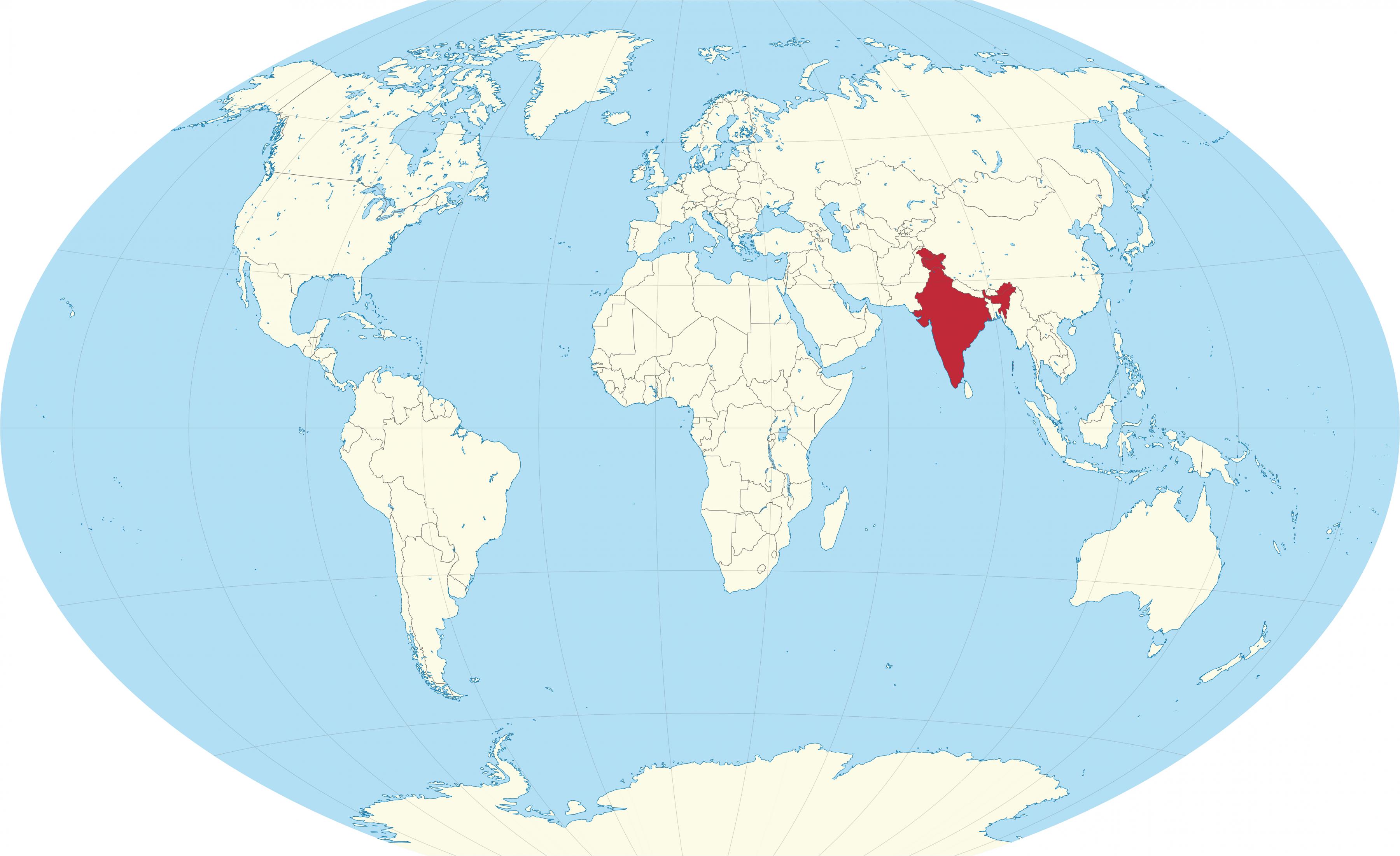 India on world map: surrounding countries and location on Asia map