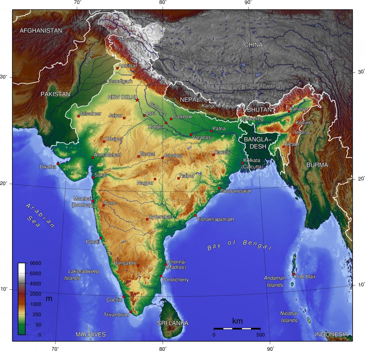 Topographical map of India