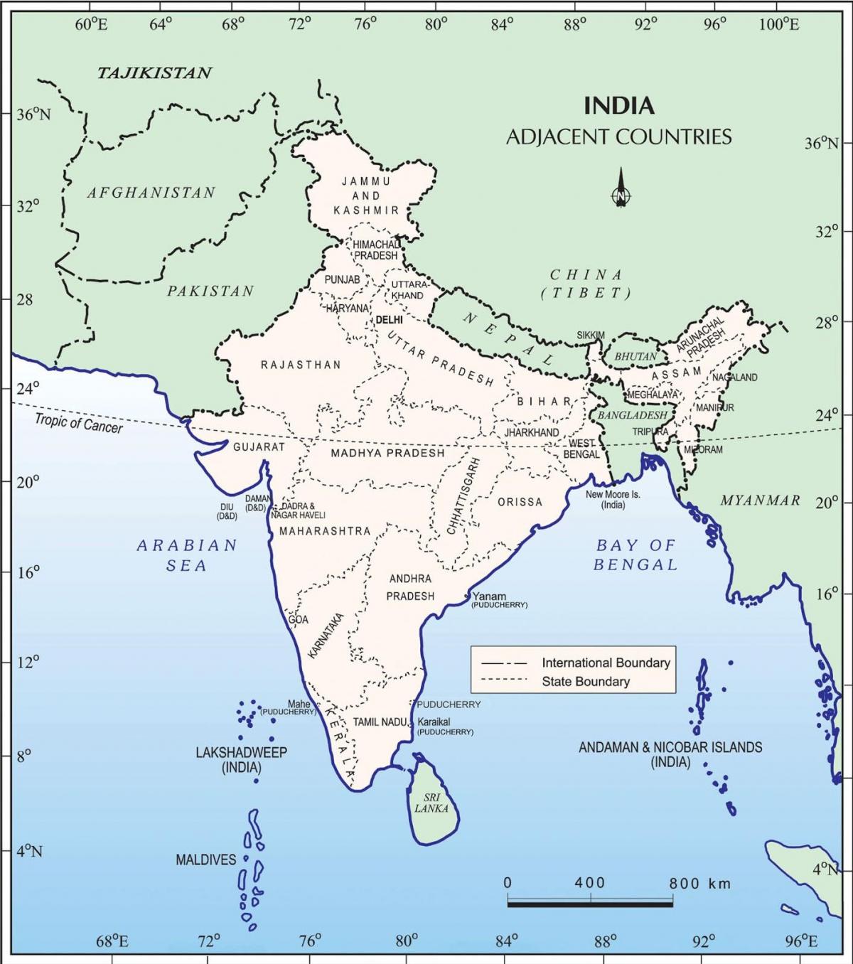 Map of India and bordering countries